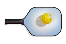 Pickleball Paddle With Yellow Pickleball Colored Pickleball Paddle With Black Handle And Border And Yellow Ball With Spotlight Shadow.