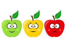 Green, Yellow, Red Apples With Positive, Neutral And Negative Mood. Vector Illustration