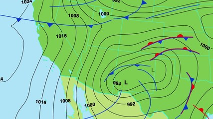 Wall Mural - Animated weather forecast map of south west United States of America with isobars, cold and warm fronts, high and low pressure systems. In 4K and HD.