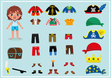 Little Boy With His Pirate Costumes. For Dress Up, Paper Doll Games. (Vector Illustration)