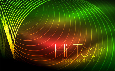 Circular glowing neon shapes, techno background. Abstract shiny transparent circles on dark technology space