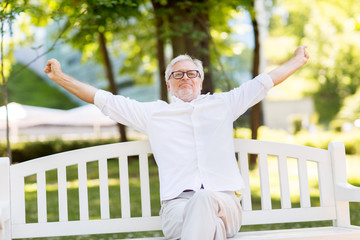 Sticker - old age and people concept - happy senior man in glasses sitting at summer park