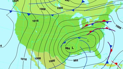 Wall Mural - Animated weather forecast map of United States of America with isobars, cold and warm fronts, high and low pressure systems. In 4K and HD.