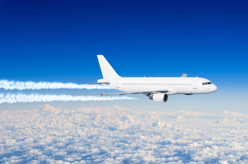 White aircraft big two engines aviation airport contrail clouds.