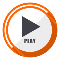 Poster - Play video flat design vector web icon. Round orange internet button isolated on white background.