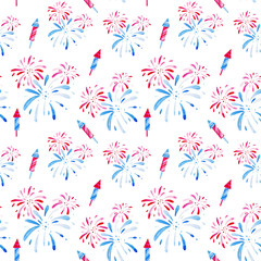 Wall Mural - 4th of July. Watercolor fireworks festival pattern for holidays, United Stated independence day. Design for print, card, banner