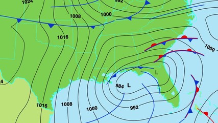 Wall Mural - Animated weather forecast map of south east United States of America with isobars, cold and warm fronts, high and low pressure systems. In 4K and HD.