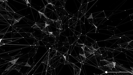 Poster - Static structure of points, lines and triangles. The camera flies inside the structure. Black background. Place for text. Cinematographic space business background. Seamless loop.