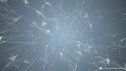 Poster - Static structure of points, lines and triangles. The camera flies inside the structure. Blue gradient background. Place for text. Cinematographic space business background. Seamless loop.