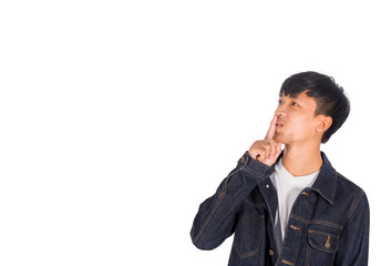 A handsome Asian man in black clothes standing in Studio white background