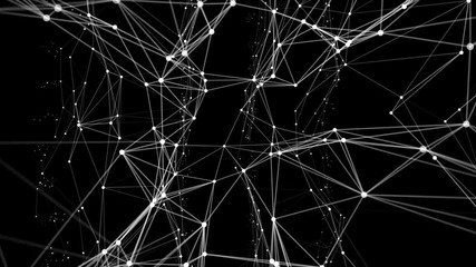 Poster - Transforming structure of points, lines and triangles. The points are connected and disconnected. Black background. Place for text. Cinematographic space business background. Seamless loop.