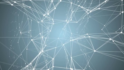 Poster - Transforming structure of points, lines and triangles. The points are connected and disconnected. Blue gradient background. Place for text. Cinematographic space business background. Seamless loop.