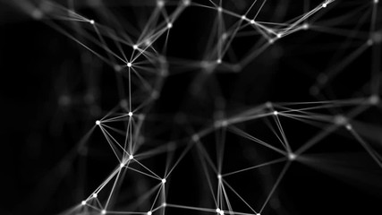Poster - Transforming structure of points, lines and triangles. The points are connected and disconnected. Black background. Depth of field. Place for text. Cinematographic space business background. Seamless