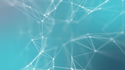 Poster - Transforming structure of points, lines and triangles. The points are connected and disconnected. Multicolored background. Depth of field. Place for text. Cinematographic space business background