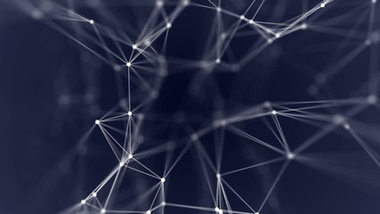 Poster - Transforming structure of points, lines and triangles. The points are connected and disconnected. Dark blue gradient background. Depth of field. Place for text. Cinematographic space business