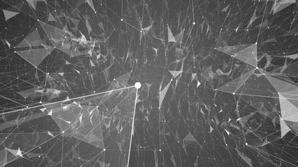 Poster - Transforming structure of points, lines and triangles. The camera flies inside the structure. Gray gradient background. Place for text. Cinematographic space business background. Seamless loop.
