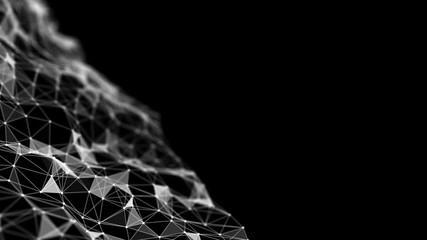 Poster - Transforming wave from points, lines and triangles on the left side of the screen. Black background. Place for text. Depth of field. Cinematographic space business background. Seamless loop.
