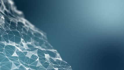 Poster - Transforming wave from points, lines and triangles on the left side of the screen. Dark blue gradient background. Place for text. Depth of field. Cinematographic space business background. Seamless