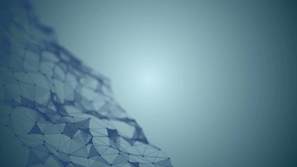 Poster - Transforming wave from points, lines and triangles on the left side of the screen. Blue tones. Light blue gradient background. Place for text. Depth of field. Cinematographic space business background