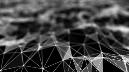 Poster - Transforming wave from points, lines and triangles. Black background. Place for text. Depth of field. Cinematographic space business background. Seamless loop.