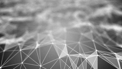 Poster - Transforming wave from points, lines and triangles. Gray gradient background. Place for text. Depth of field. Cinematographic space business background. Seamless loop.
