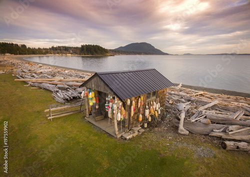 Classic Beach Cabin Covered In Crab Floats Aerial View Of An Old