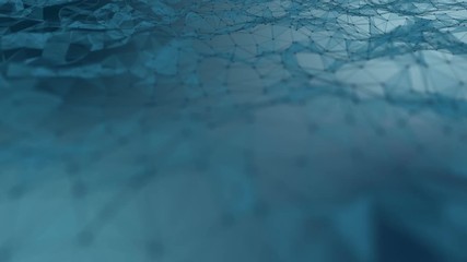 Poster - Transforming wave from points, lines and triangles. Blue tones. Dark blue gradient background. Place for text. Depth of field. Cinematographic space business background. Seamless loop.