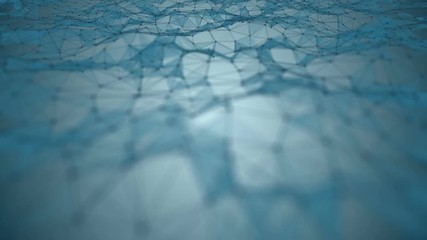 Poster - Transforming wave from points, lines and triangles. Blue tones. Light blue gradient background. Place for text. Depth of field. Cinematographic space business background. Seamless loop.