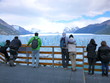 A group of tourists visiting the magnificent Perito Moreno Glacier marvel at the immense size and beauty. 