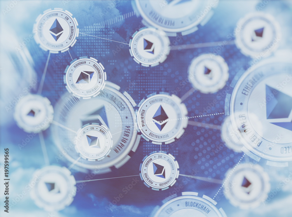 Ethereum coins with logo. Blockchain technology