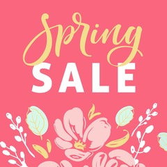 Wall Mural - Spring sale banner template with blossom flowers and modern brush calligraphy for online shopping, vector illustration.