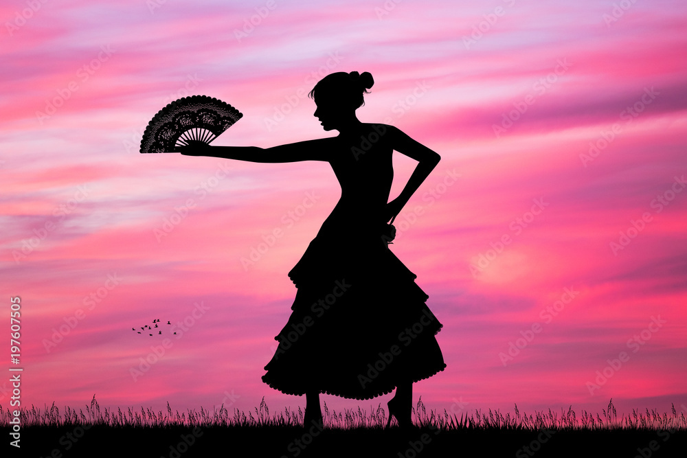 girl dancing flamenco at sunset - obrazy, fototapety, plakaty 