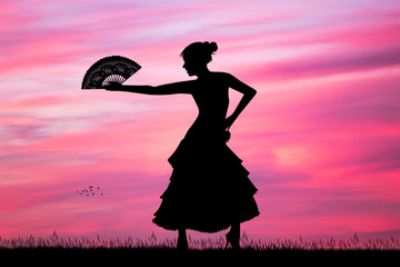 Poster - girl dancing flamenco at sunset