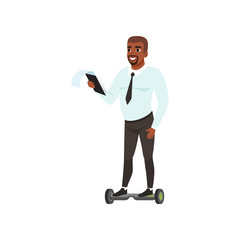 Poster - Portrait of Afro-American businessman on electric hoverboard with paper tablet in hand. Smiling man riding on self-balancing scooter. Flat vector design