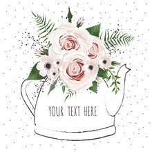 Cute Illustration With A Bouquet Of Flowers In A Teapot. Vector Card.