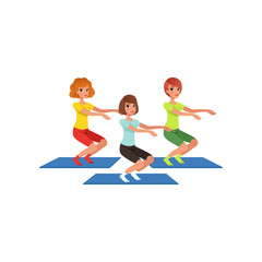 Sticker - Young girls doing squats. Healthy lifestyle. Three beautiful women in gym. Cartoon people characters in sports uniform. Physical activity. Flat vector design