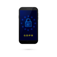Poster - GDPR - General Data Protection Security.  Phone with padlock and stars on screen isolated on white background. Vector illustration