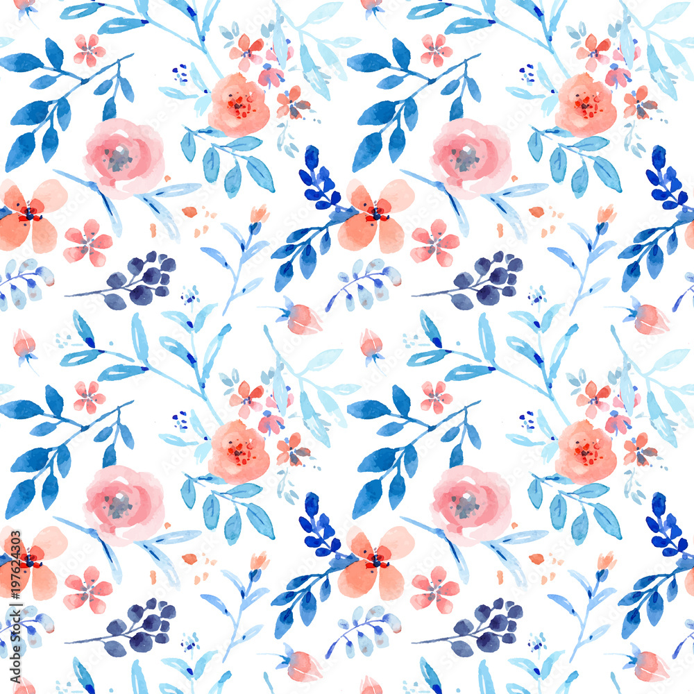 Fotografie, Tablou Nice pink floral seamless pattern with blue leaves