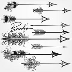 Poster - Collection of vector boho arrows in bohemian swirl tribal style