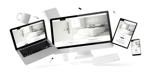 Poster - office stuff and devices floating with grand hotel website