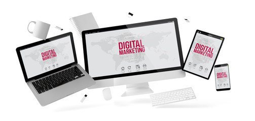 Poster - office stuff and devices floating with digital marketing