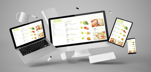 office stuff and devices floating with online supermarket