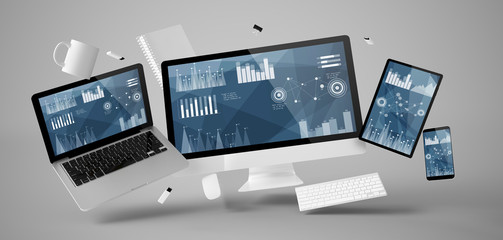 Wall Mural - office stuff and devices floating with stats and financial data