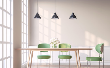 Wall Mural - Vintage style dining room with green chair 3d render.The Rooms have wooden floors and light brown walls.Furnished with green chair and wood table. There are white window overlooking to outside.