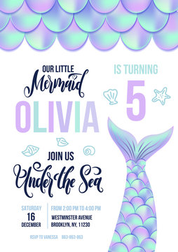 Wall Mural - Mermaid Birthday party invitation card. Holographic fish scales and tail invitation. Sea party invitation with lettering . Vector illustration.