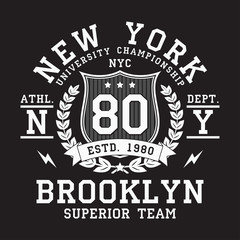 New York, Brooklyn typography for t-shirt. Original design of athletic apparel. Graphic for sport tee shirt. Clothes print. Vector illustration.