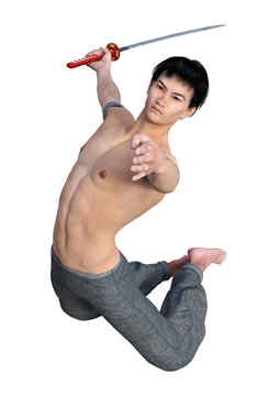 3D Rendering Fighting Monk on White