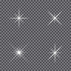 Poster - Glowing lights effect. Set of sparkles stars, glow flash, bright explosion and flare. Isolated on transparent background. Vector.