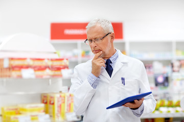 Sticker - medicine, healthcare and technology concept - senior apothecary with tablet pc computer at pharmacy