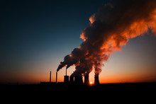 Coal Fired Power Station Silhouette At Sunset, Pocerady, Czech Republic